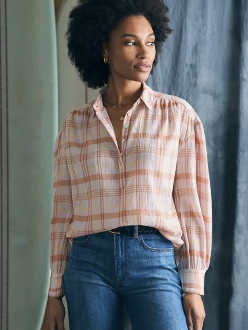 Faherty Olli Peach and Cream Plaid Button-Pullover Blouse Size Medium